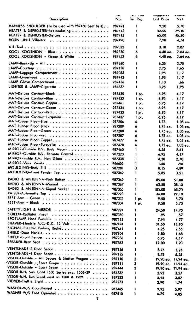 1956 Chevrolet Accessories Price List Page 7